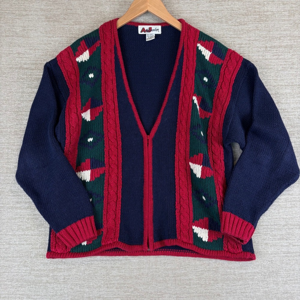 AJ Brandon Vintage Zip Up Cardigan Sweater Women M Navy Red Geometric Grandpa